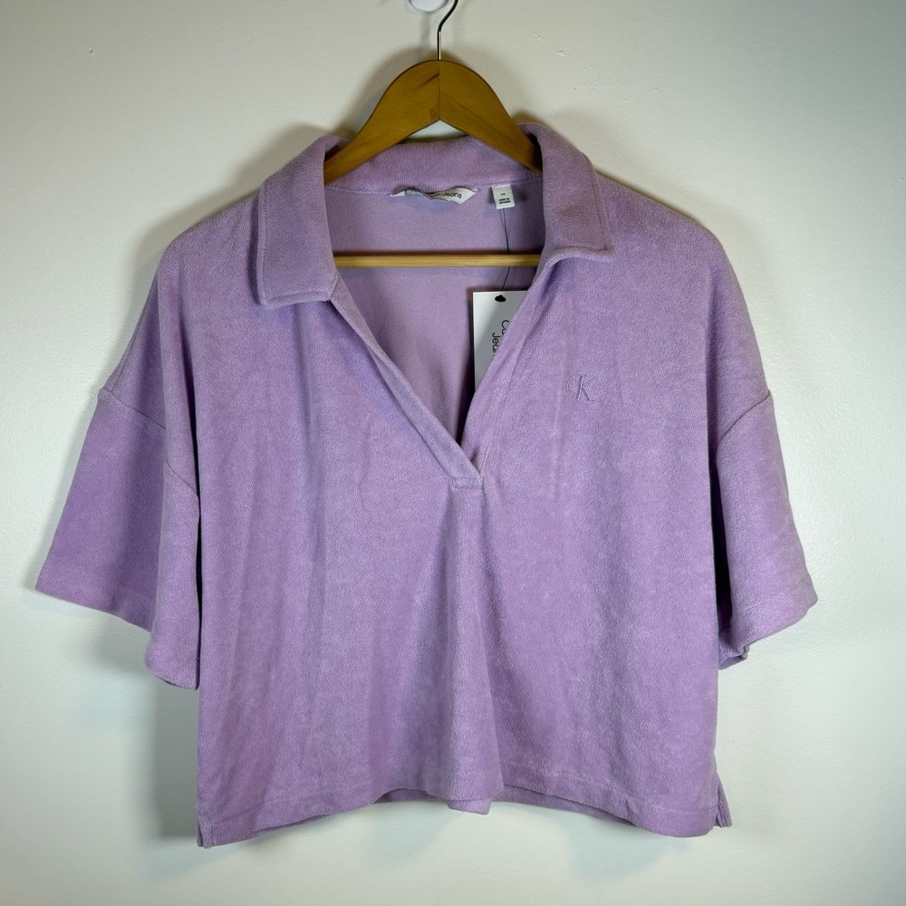 NWT Calvin Klein Jeans Women’s Purple French Terry Crop T-Shirt, Size Large